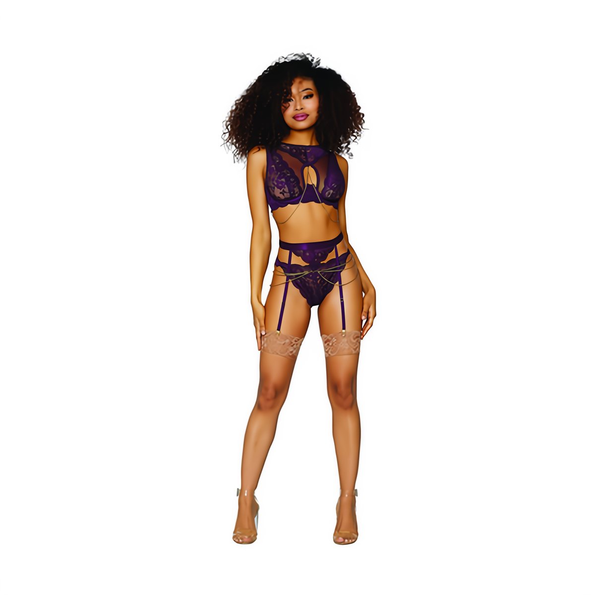 Luxe Kant en Mesh Set - 3 - Delig - Aubergine - L - EroticToyz3 - Delige SetDreamgirl