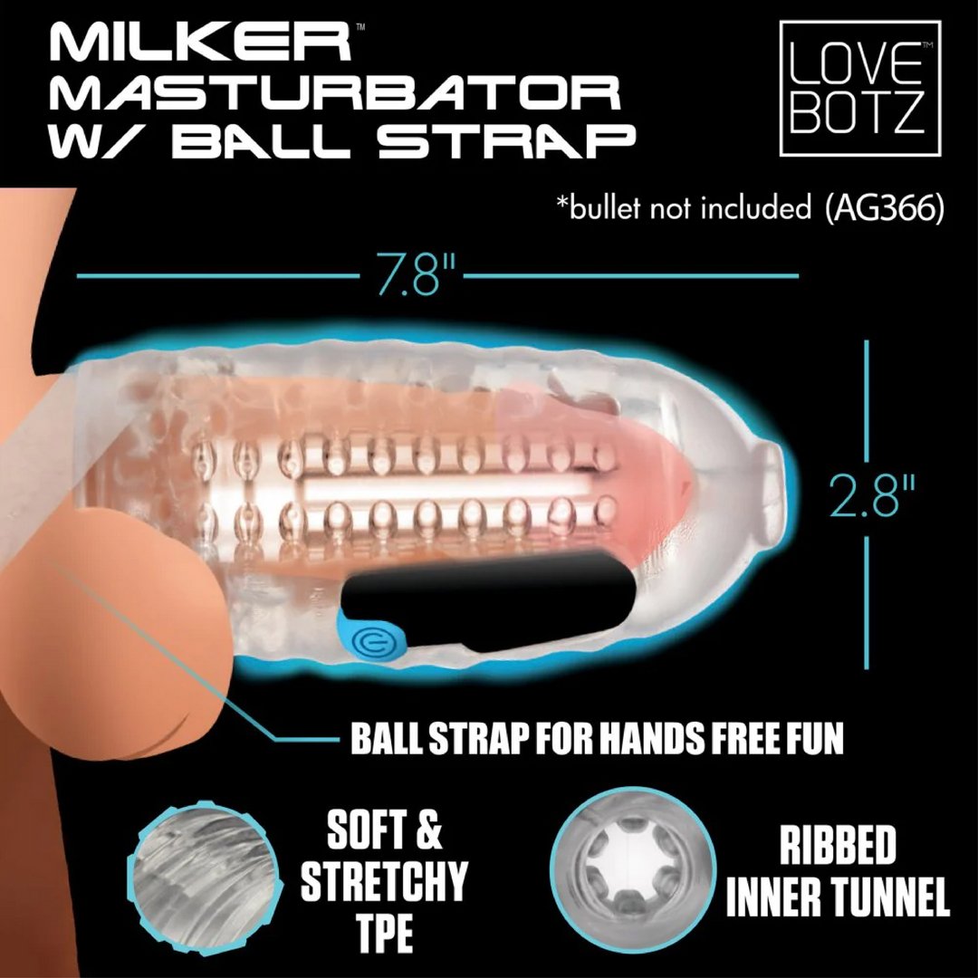 'Milker TPE Masturbator met Ball Strap - Transparant' - EroticToyzHandmatige MasturbatorXR Brands