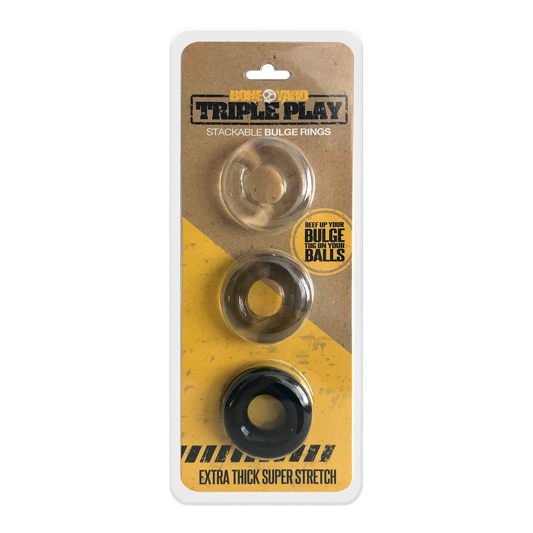 'Triple Play Cockring Set 3 - Pack - Zwart/Transparant/Rook' - EroticToyzCockringenBoneyard